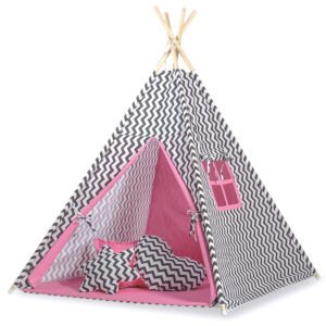 Teepee tent for kids + playmat + pillows + decorative feathers - Chevron black/ pink