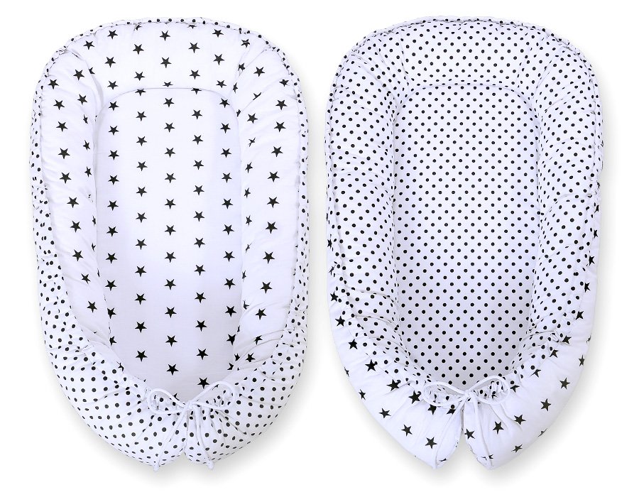 Kūdikio lizdas dvipusis Premium Cocoon naujagimiams BOBONO - juodos žvaigždutės/taškeliai - Image 2
