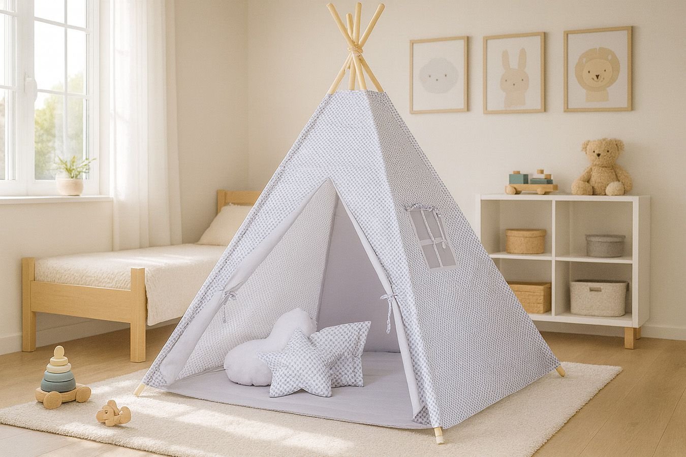 Tipi palapinė vaikams + žaidimo kilimėlis + dekoratyvinės plunksnos - pilka rozetė - Image 2