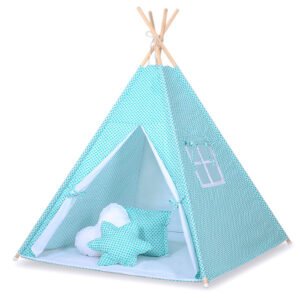 Teepee tent for kids + playmat + pillows + decorative feathers - Mint flowers/white