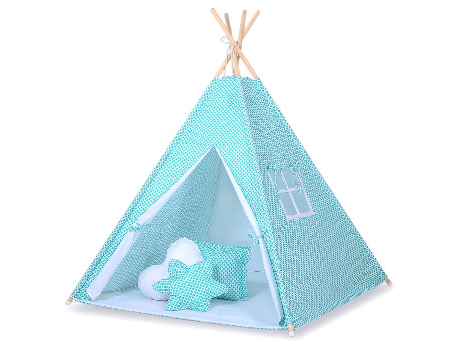 Teepee tent for kids + playmat + pillows + decorative feathers - Mint flowers/white