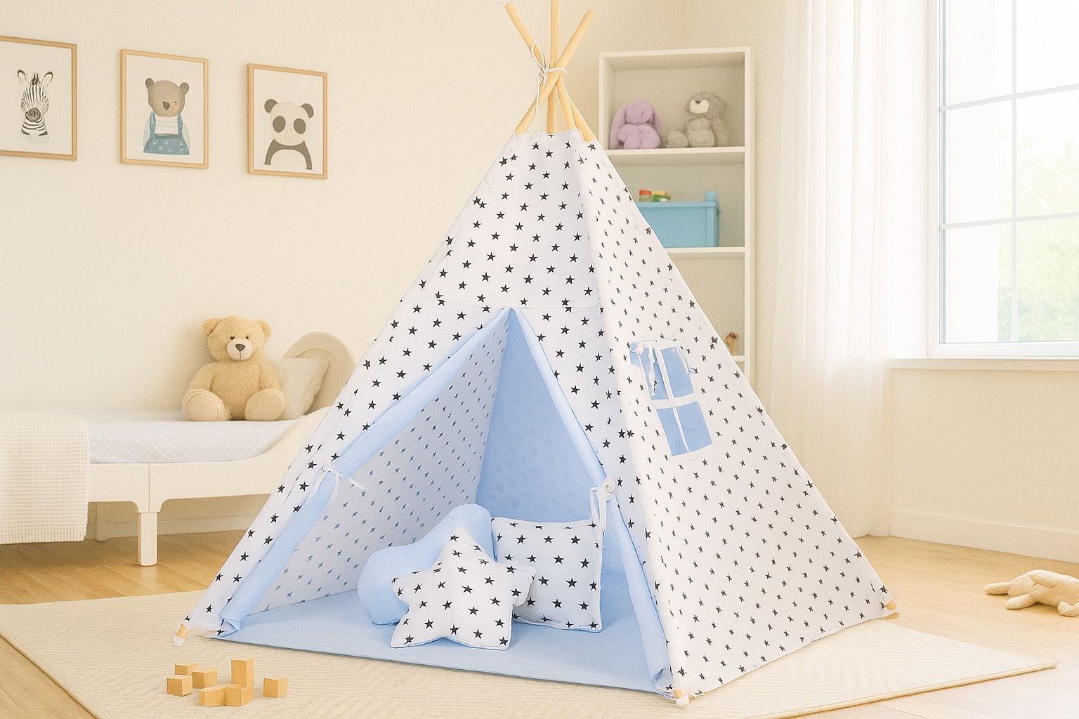 Tipi palapinė vaikams + žaidimo kilimėlis + pagalvėlės + dekoratyvinės plunksnos - Juodos žvaigždutės/mėlyna - Image 2