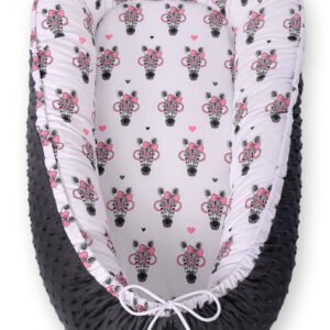 Kūdikio lizdas dvipusis Premium Cocoon naujagimiams BOBONO minky - rožinės spalvos zebrai