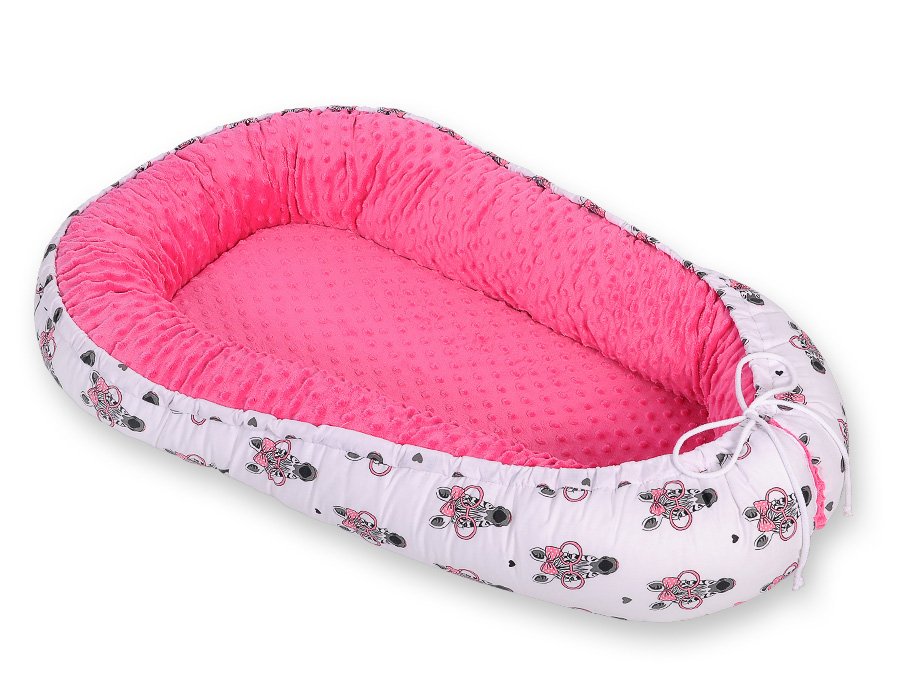 Kūdikio lizdas dvipusis Premium Cocoon naujagimiams BOBONO minky - rožinės spalvos zebrai - Image 5