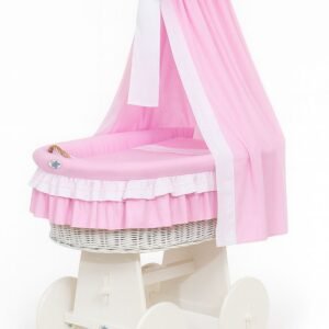 Moses Basket Wicker drape crib Bellamy - white + pink bedding