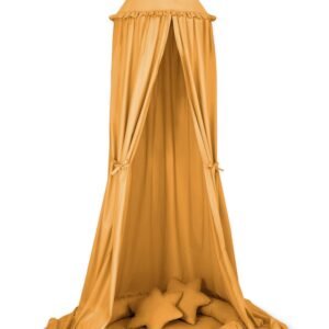 Set: Hanging baldachin for children's room cotton + nest with flounce + pillows - honey yellow