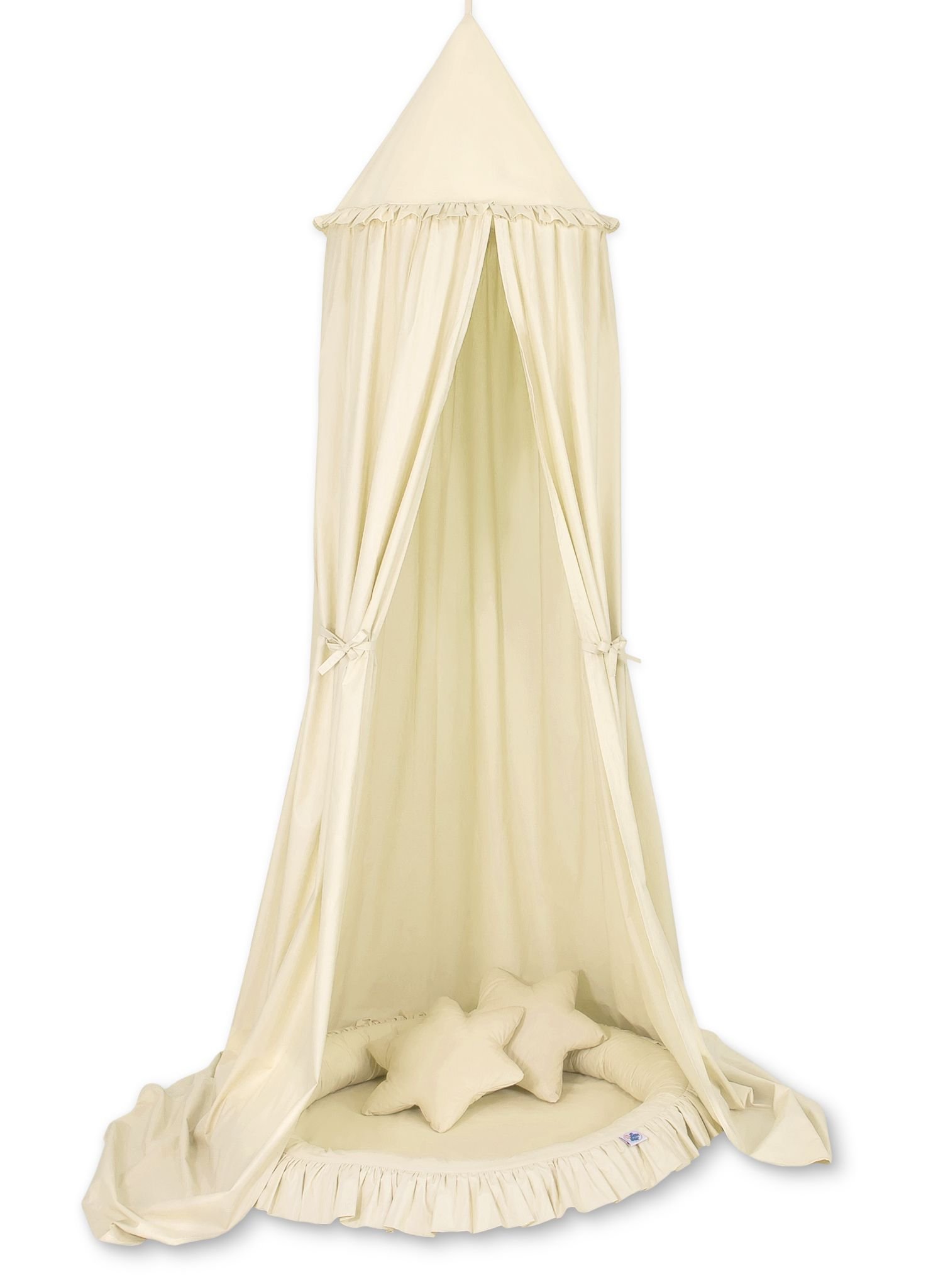 Set: Hanging baldachin for children's room cotton + nest with flounce + pillows - cream
