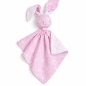 DOUDOU dvipusis meilus kiškutis iš medvilnės ir minky audinio - Rožinės žvaigždutės - balta