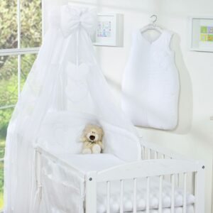Bedding set 5-pcs 120x90 with canopy - Hanging Hearts white