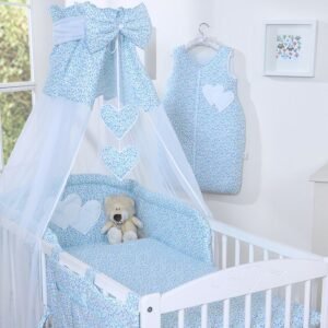 Bedding set 5-pcs 120x90 with canopy - Hanging Hearts little blue flowers