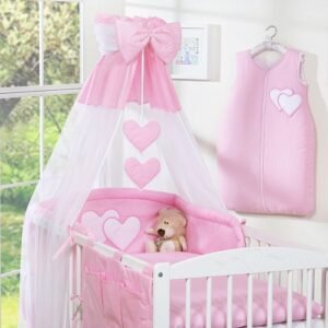 Bedding set 5-pcs 120x90 with canopy - Hanging Hearts pink
