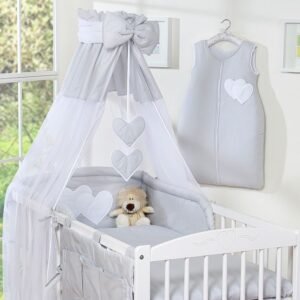 Bedding set 5-pcs 120x90 with canopy - Hanging Hearts grey