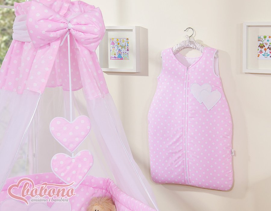Patalynės komplektas, 5 dalių, 120x90, su baldakimu - Kabančios širdelės, balti taškučiai ant rožinio fono - Image 15