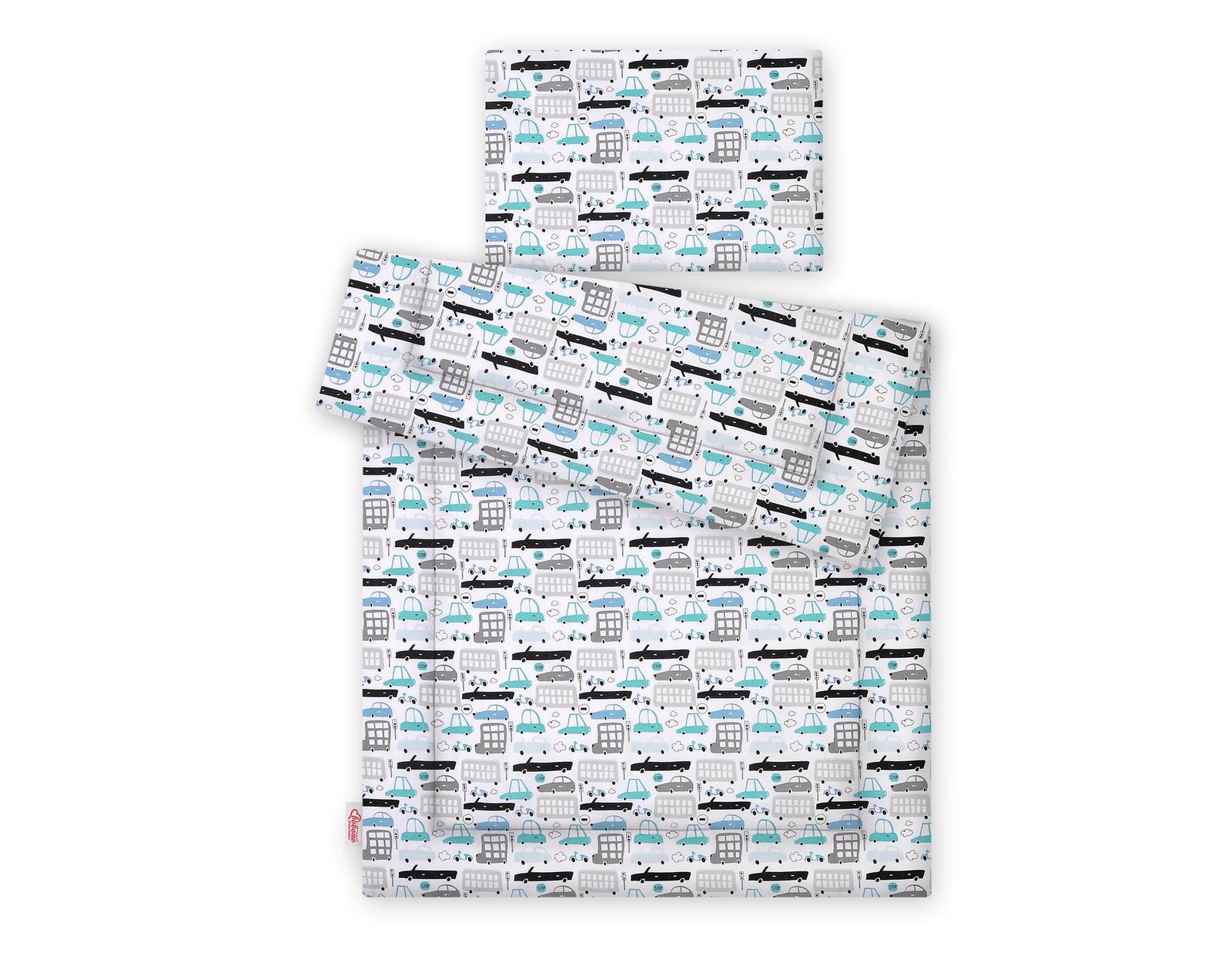 Patalynės komplektas, 2 dalių, su užpildu, 135x100 cm - pilki ir turkio spalvos automobiliukai - Image 2