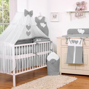 Patalynės komplektas, 5 dalių, su tinkleliu nuo uodų – Hanging Hearts, antracito spalvos