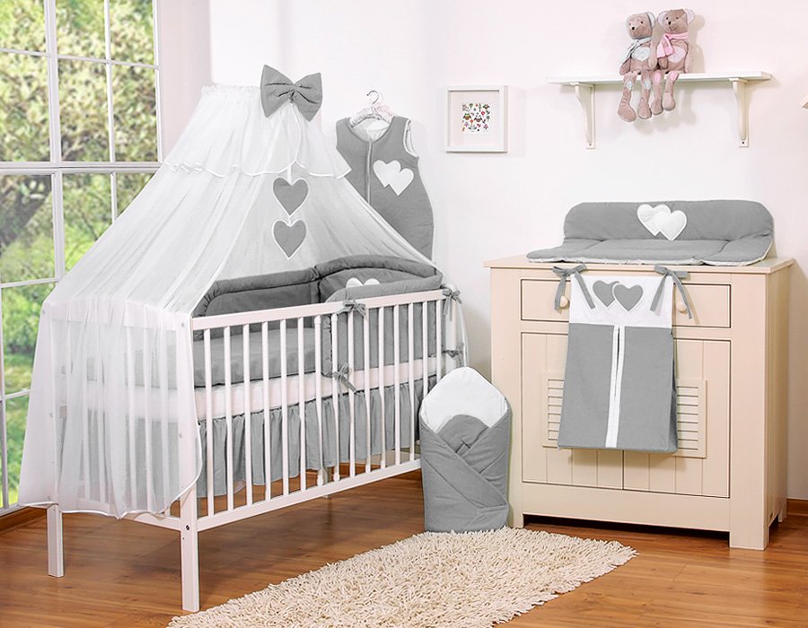 Patalynės komplektas, 5 dalių, su tinkleliu nuo uodų – Hanging Hearts, antracito spalvos