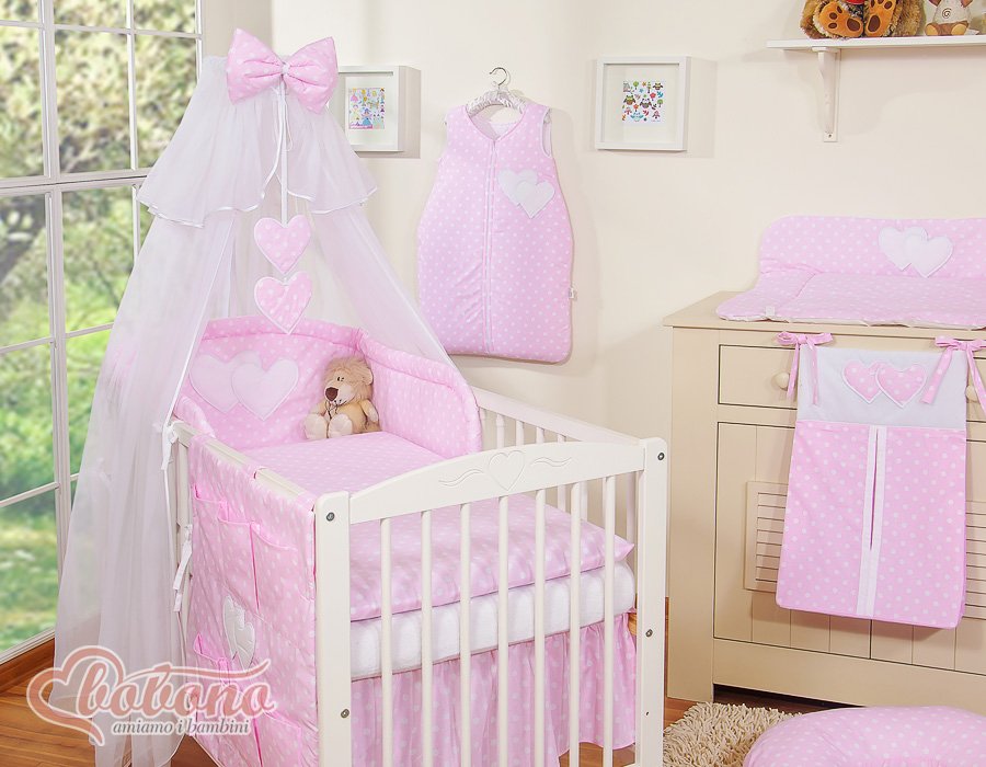 Patalynės komplektas, 5 dalių, su tinkleliu nuo uodų – Hanging Hearts, balti taškučiai ant rožinio fono - Image 2
