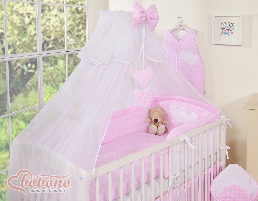 Patalynės komplektas, 5 dalių, su tinkleliu nuo uodų – Hanging Hearts, balti taškučiai ant rožinio fono - Image 10
