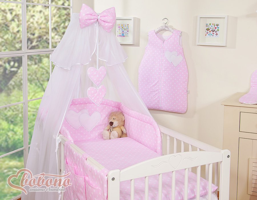 Patalynės komplektas, 5 dalių, su tinkleliu nuo uodų – Hanging Hearts, balti taškučiai ant rožinio fono - Image 15