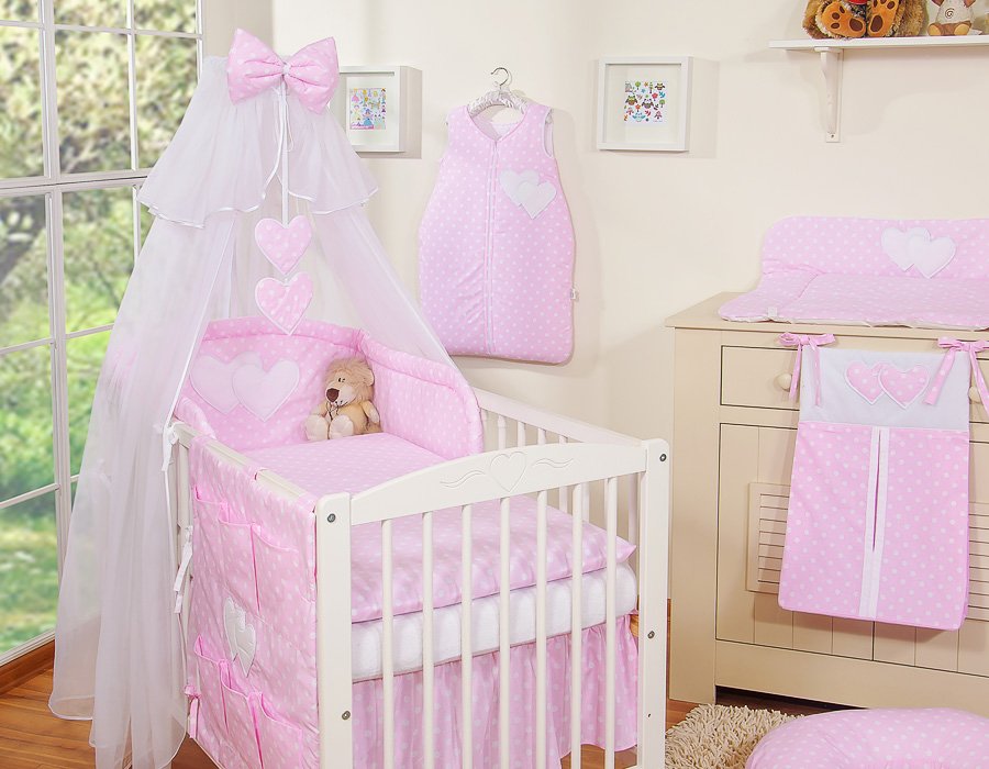Patalynės komplektas, 5 dalių, su tinkleliu nuo uodų – Hanging Hearts, balti taškučiai ant rožinio fono - Image 16