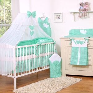 Patalynės komplektas, 5 dalių, su tinkleliu nuo uodų – Hanging Hearts, balti taškučiai ant mėtinio fono