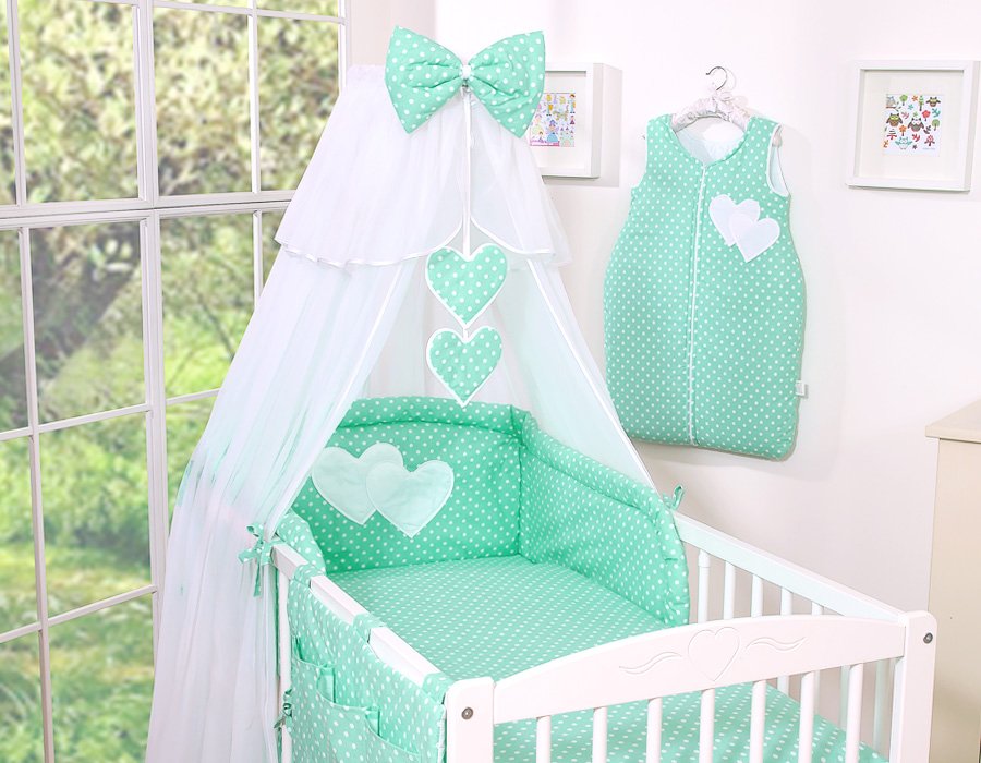Patalynės komplektas, 5 dalių, su tinkleliu nuo uodų – Hanging Hearts, balti taškučiai ant mėtinio fono - Image 8