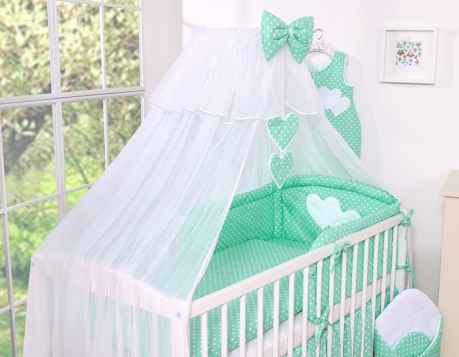 Patalynės komplektas, 5 dalių, su tinkleliu nuo uodų – Hanging Hearts, balti taškučiai ant mėtinio fono - Image 11