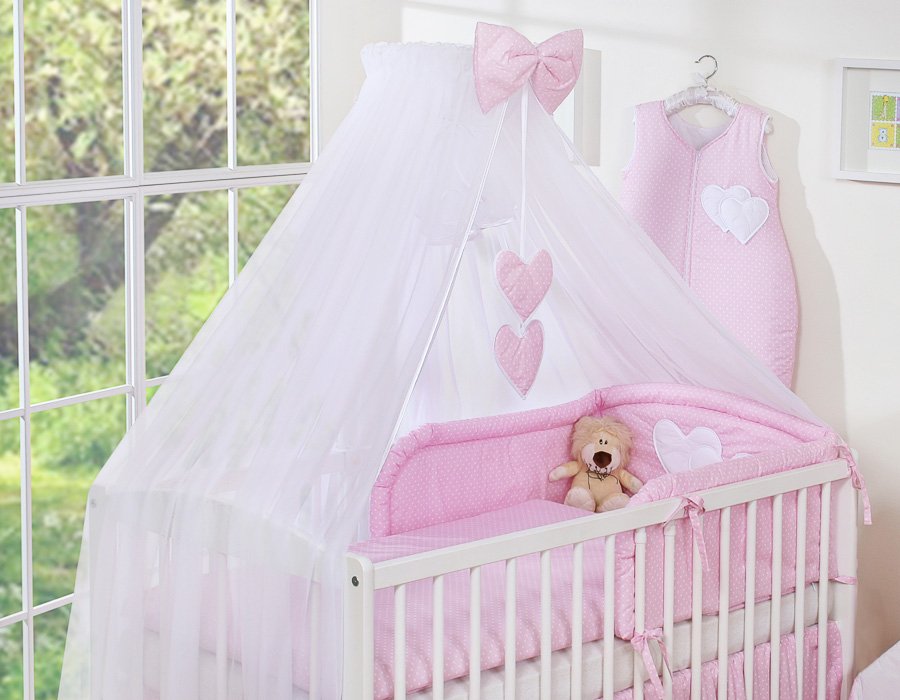 Patalynės komplektas, 5 dalių, su tinkleliu nuo uodų – Hanging Hearts, balti žirneliai ant rožinio fono - Image 2