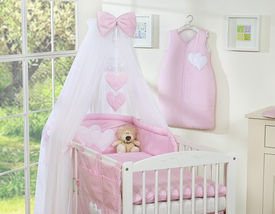 Patalynės komplektas, 5 dalių, su tinkleliu nuo uodų – Hanging Hearts, balti žirneliai ant rožinio fono - Image 3