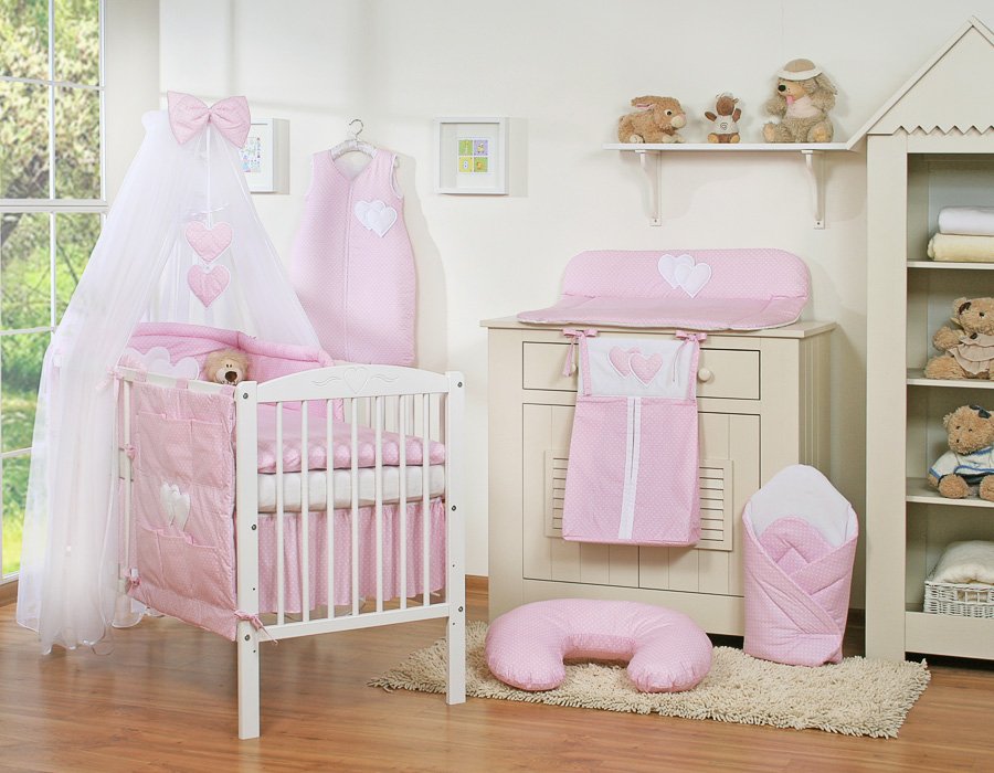 Patalynės komplektas, 5 dalių, su tinkleliu nuo uodų – Hanging Hearts, balti žirneliai ant rožinio fono - Image 4