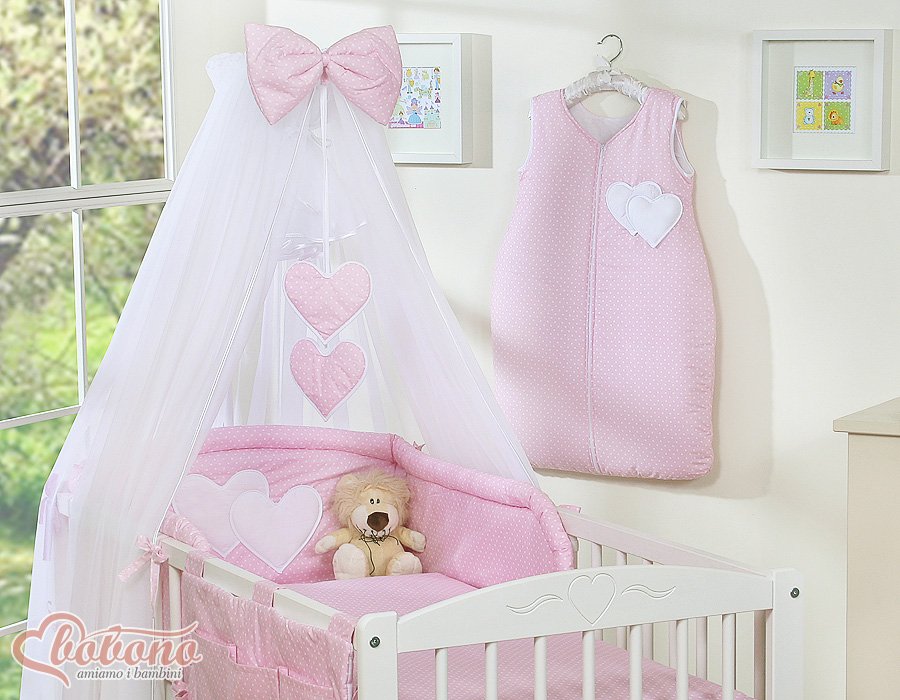 Patalynės komplektas, 5 dalių, su tinkleliu nuo uodų – Hanging Hearts, balti žirneliai ant rožinio fono - Image 5