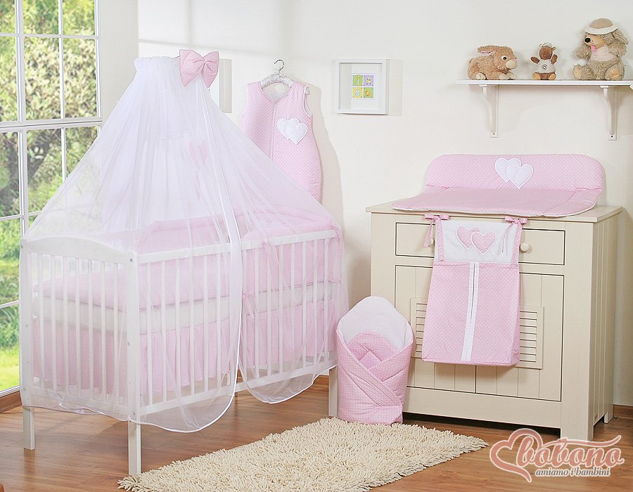 Patalynės komplektas, 5 dalių, su tinkleliu nuo uodų – Hanging Hearts, balti žirneliai ant rožinio fono - Image 7