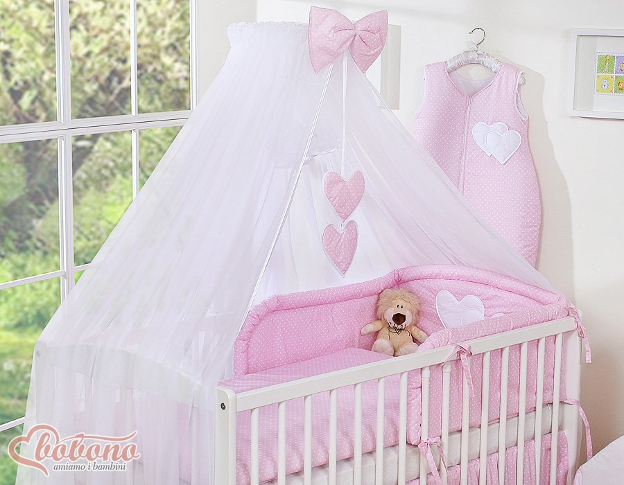 Patalynės komplektas, 5 dalių, su tinkleliu nuo uodų – Hanging Hearts, balti žirneliai ant rožinio fono - Image 8