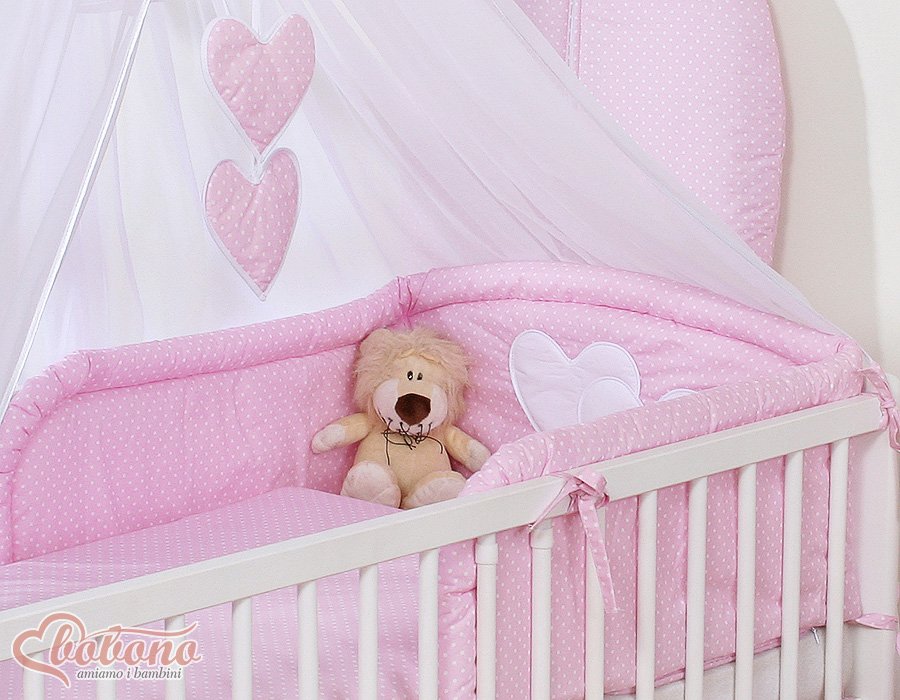 Patalynės komplektas, 5 dalių, su tinkleliu nuo uodų – Hanging Hearts, balti žirneliai ant rožinio fono - Image 9