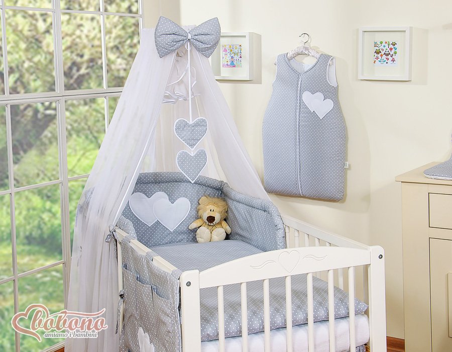 Patalynės komplektas, 5 dalių, su tinkleliu nuo uodų – Hanging Hearts, balti žirneliai ant pilko fono - Image 2