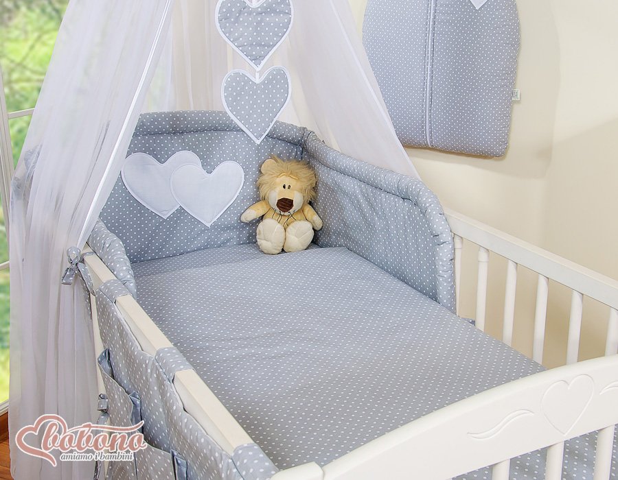 Patalynės komplektas, 5 dalių, su tinkleliu nuo uodų – Hanging Hearts, balti žirneliai ant pilko fono - Image 5