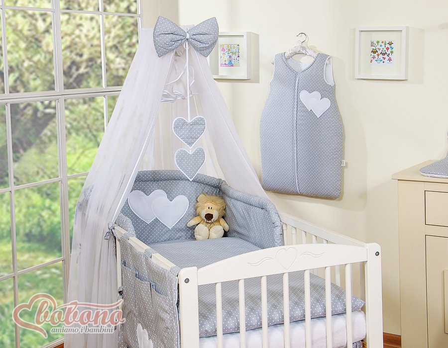 Patalynės komplektas, 5 dalių, su tinkleliu nuo uodų – Hanging Hearts, balti žirneliai ant pilko fono - Image 8
