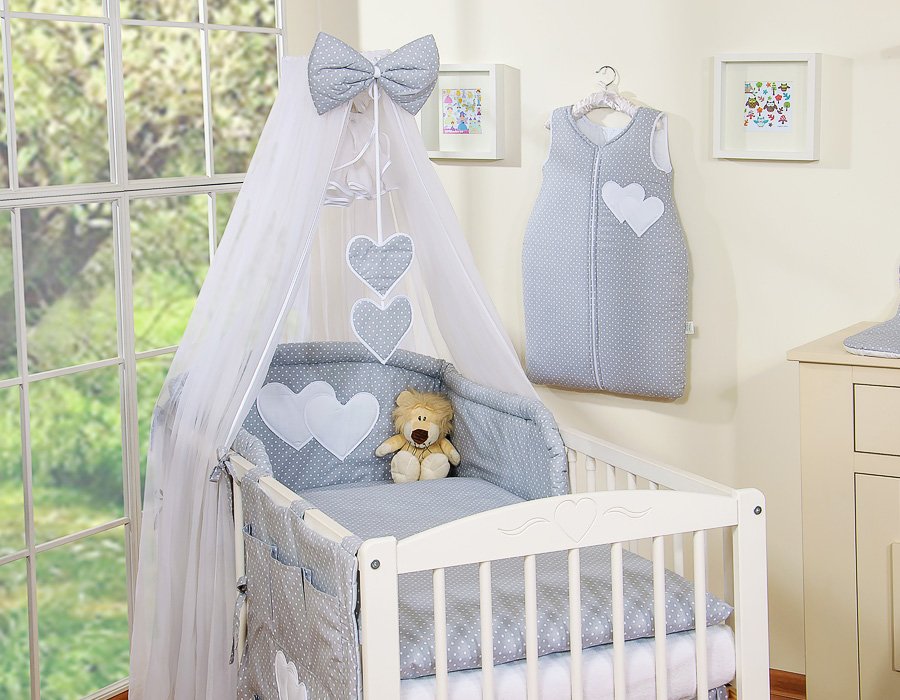 Patalynės komplektas, 5 dalių, su tinkleliu nuo uodų – Hanging Hearts, balti žirneliai ant pilko fono - Image 9