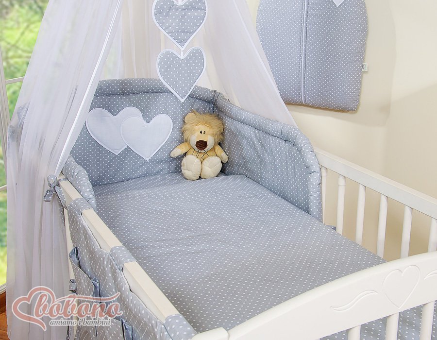 Patalynės komplektas, 5 dalių, su tinkleliu nuo uodų – Hanging Hearts, balti žirneliai ant pilko fono - Image 10