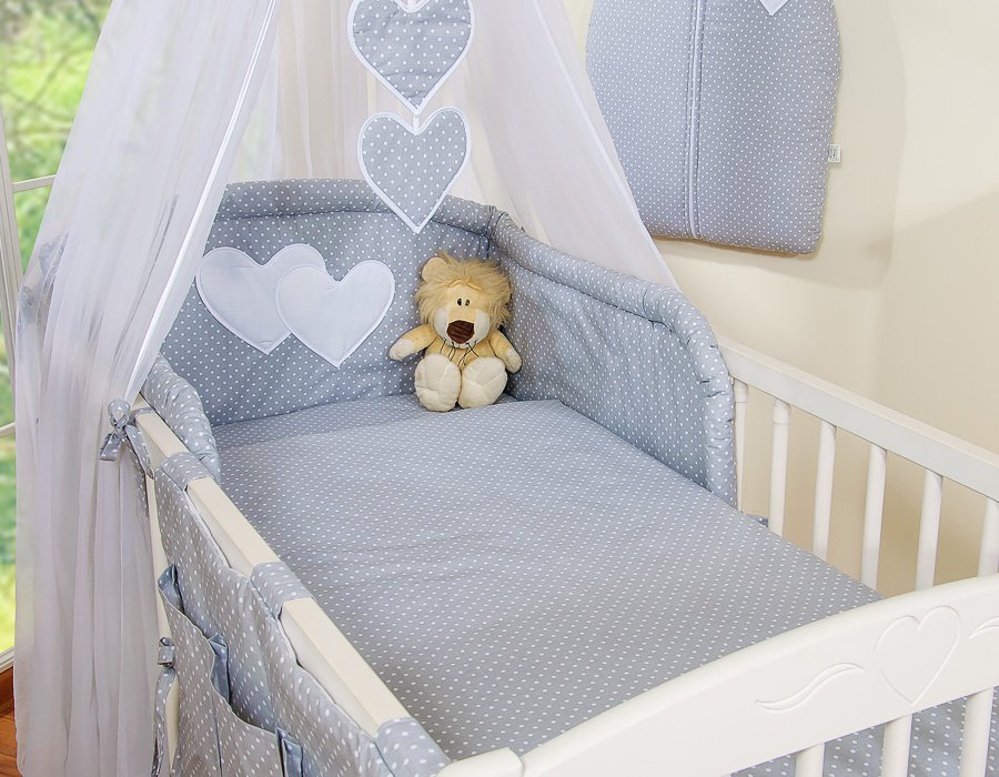 Patalynės komplektas, 5 dalių, su tinkleliu nuo uodų – Hanging Hearts, balti žirneliai ant pilko fono - Image 11