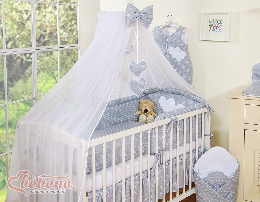 Patalynės komplektas, 5 dalių, su tinkleliu nuo uodų – Hanging Hearts, balti žirneliai ant pilko fono - Image 13