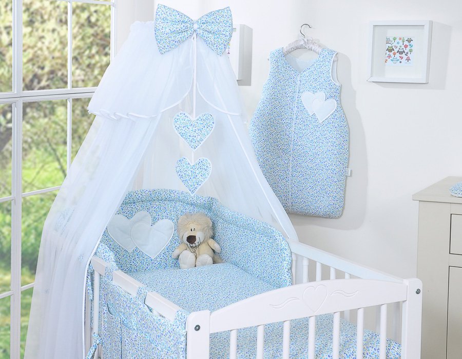 Patalynės komplektas, 5 dalių, su tinkleliu nuo uodų – Hanging Hearts, mažos mėlynos gėlytės - Image 2