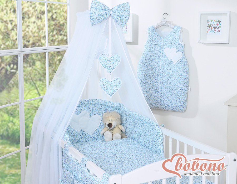 Patalynės komplektas, 5 dalių, su tinkleliu nuo uodų – Hanging Hearts, mažos mėlynos gėlytės - Image 12