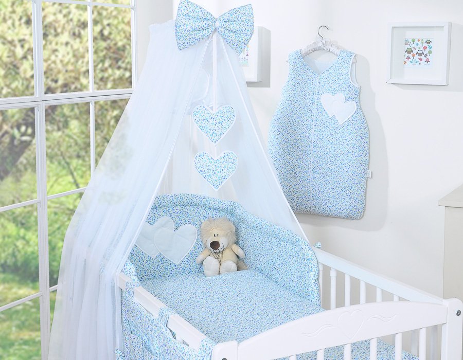 Patalynės komplektas, 5 dalių, su tinkleliu nuo uodų – Hanging Hearts, mažos mėlynos gėlytės - Image 13