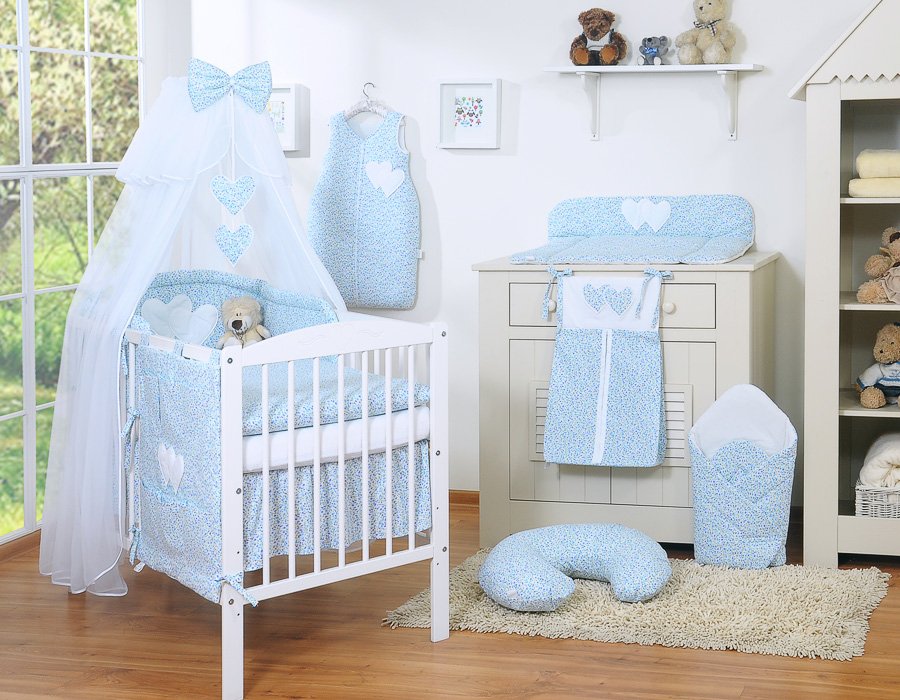Patalynės komplektas, 5 dalių, su tinkleliu nuo uodų – Hanging Hearts, mažos mėlynos gėlytės - Image 15