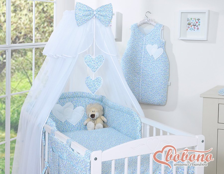 Patalynės komplektas, 5 dalių, su tinkleliu nuo uodų – Hanging Hearts, mažos mėlynos gėlytės - Image 16