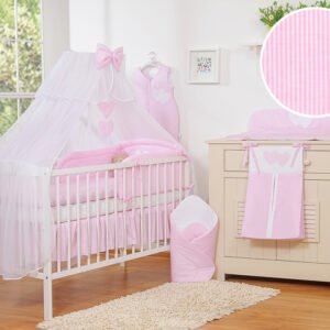 Patalynės komplektas, 5 dalių, su tinkleliu nuo uodų – Hanging Hearts, rožinės juostelės