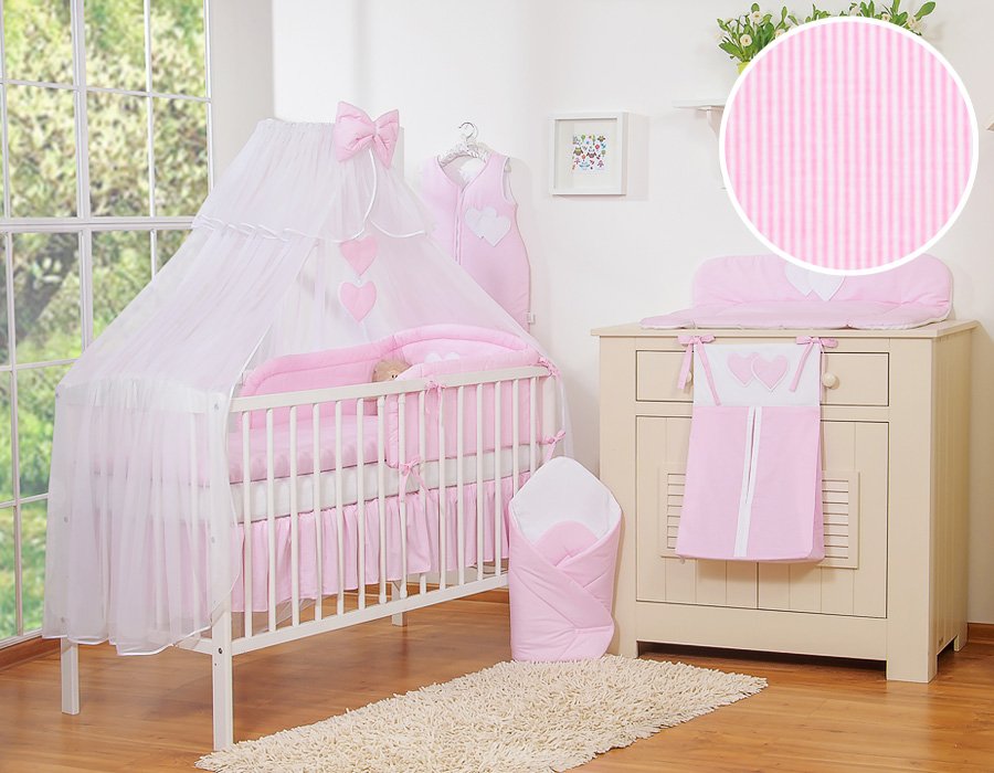 Patalynės komplektas, 5 dalių, su tinkleliu nuo uodų – Hanging Hearts, rožinės juostelės