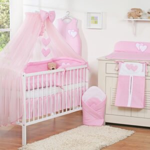 Patalynės komplektas, 5 dalių, su tinkleliu nuo uodų – Hanging Hearts, rožinė