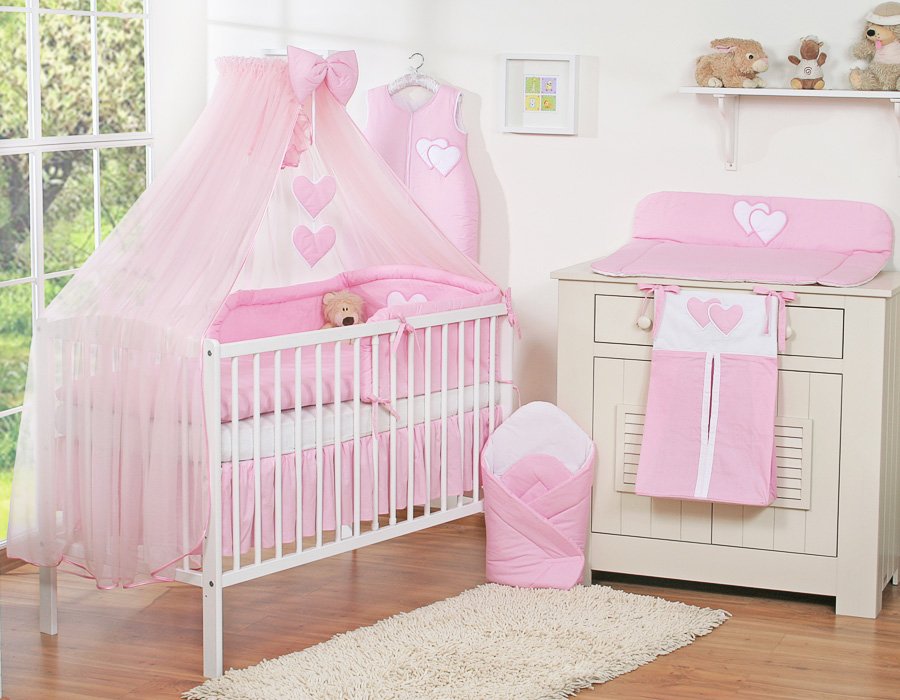 Patalynės komplektas, 5 dalių, su tinkleliu nuo uodų – Hanging Hearts, rožinė